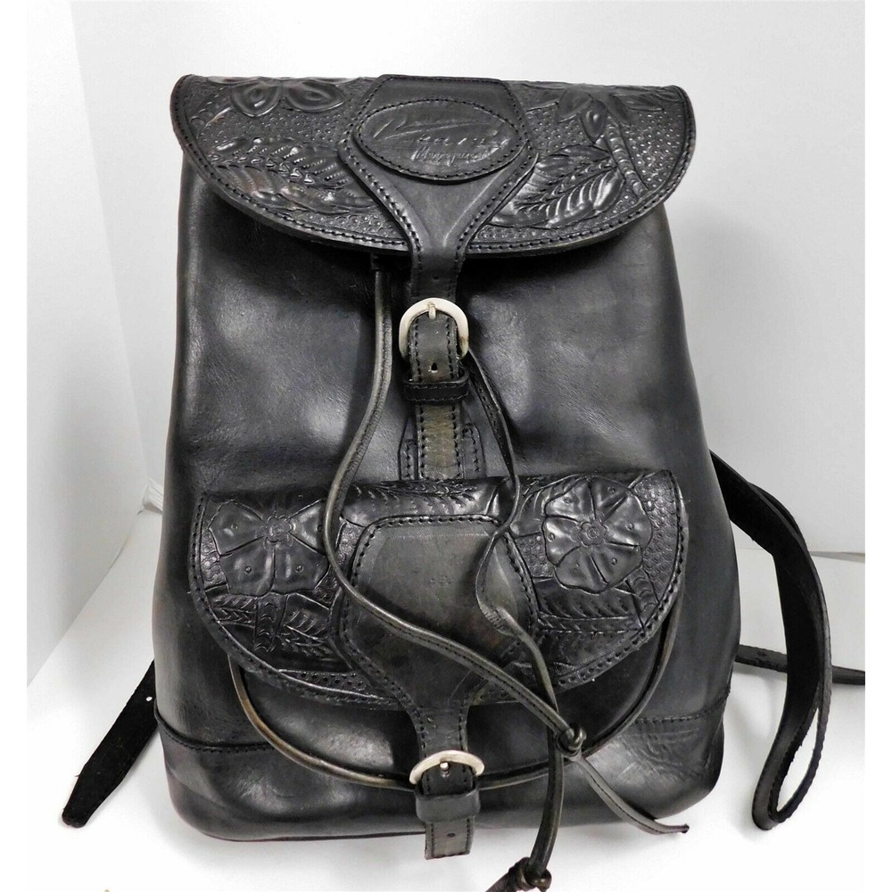 Veari Black Tooled Leather Large Backpack Bag Rare‎